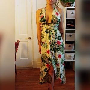 Boho goddess style Tropical flower midi dress xl
